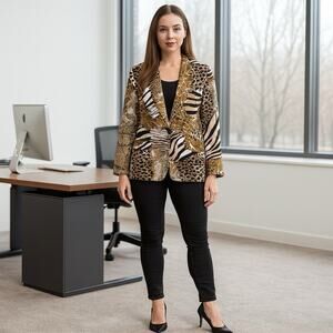 Chico's Blazer Women's Sz 2 (Large) Animal Print Single Button Softshell Career